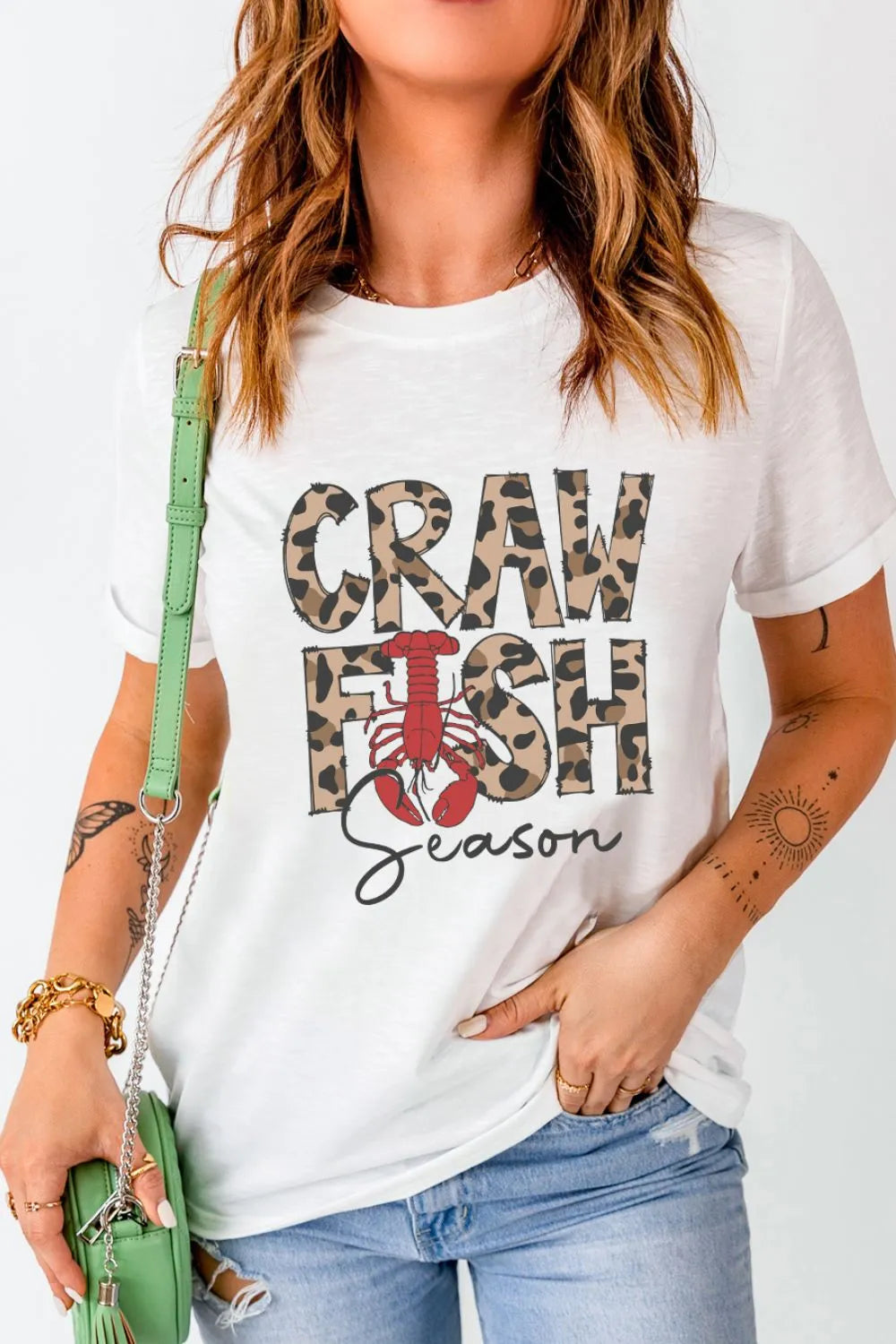 Crawfish Season Leopard Round Neck Short Sleeve T-Shirt in White for Women