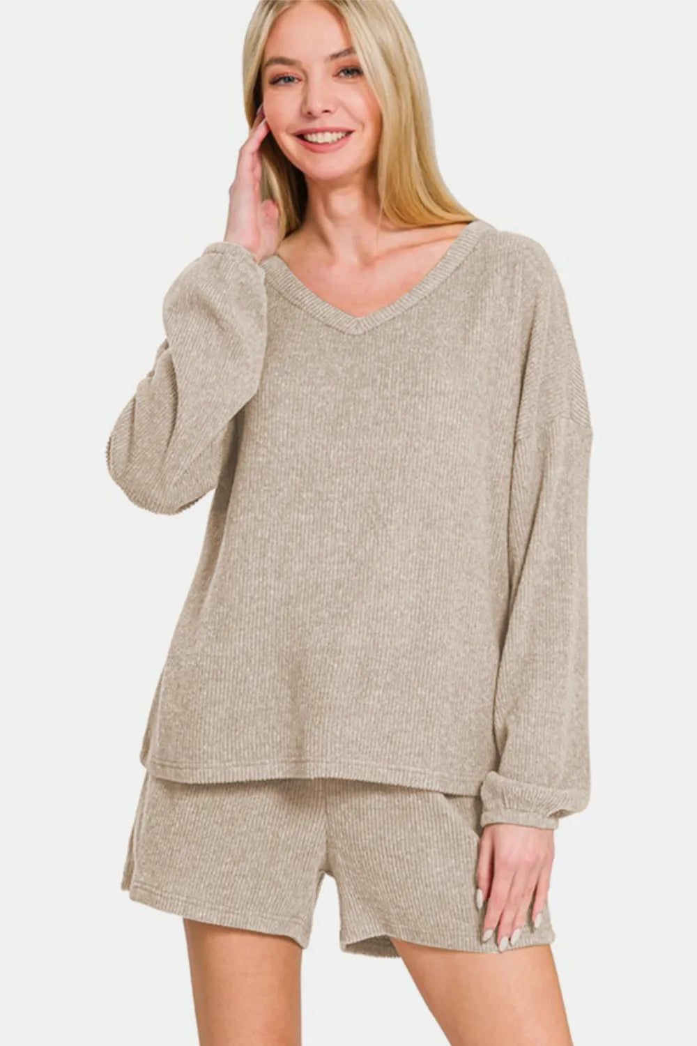 V-Neck Long Sleeve Ribbed Top and Shorts Set in Khaki for Women