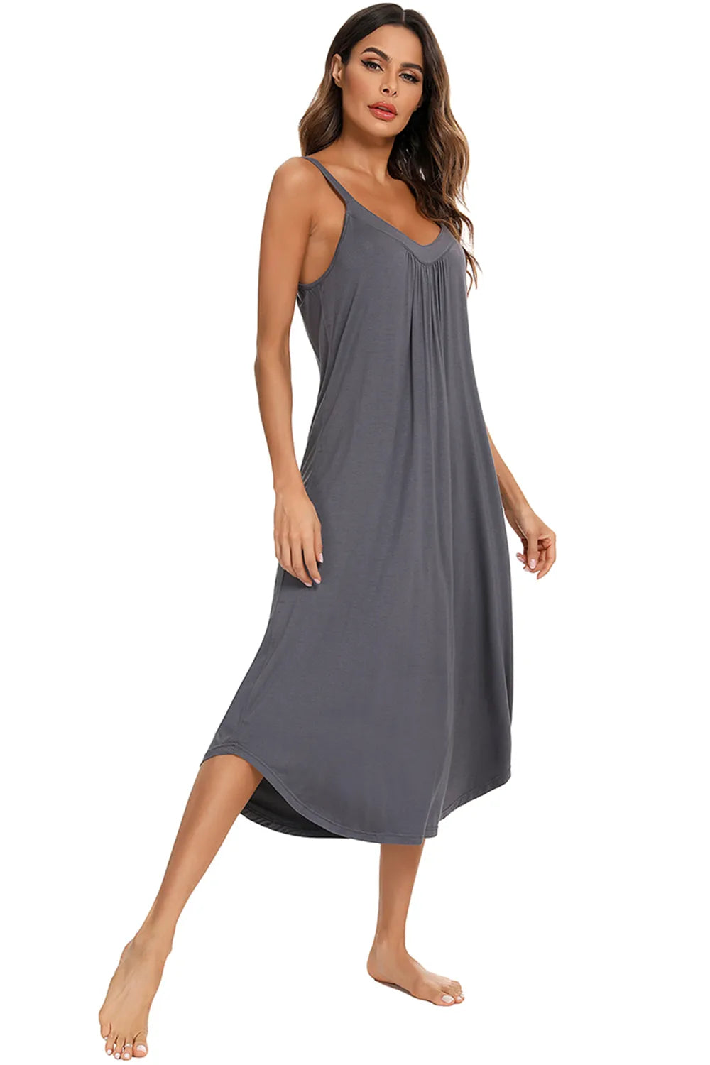 V-Neck Midi Lounge Dress in Black for Women