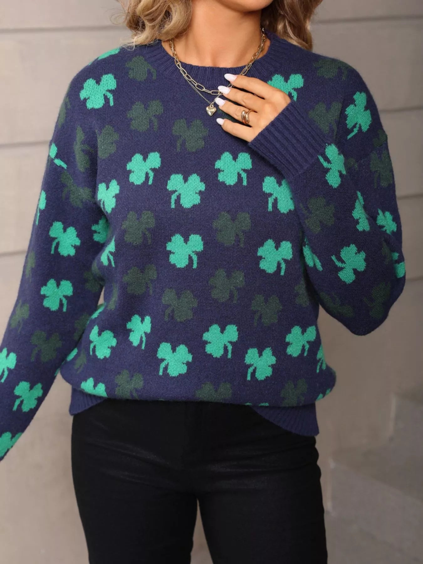 Lucky Clover Crew Neck Sweater in Navy Blue for Women
