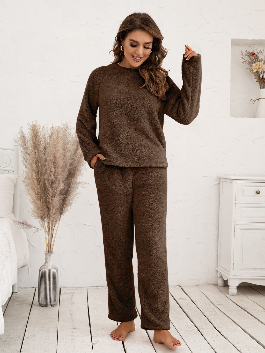 Ivy Lane Teddy Long Sleeve Top and Pants Lounge Set in Light Blue for Women