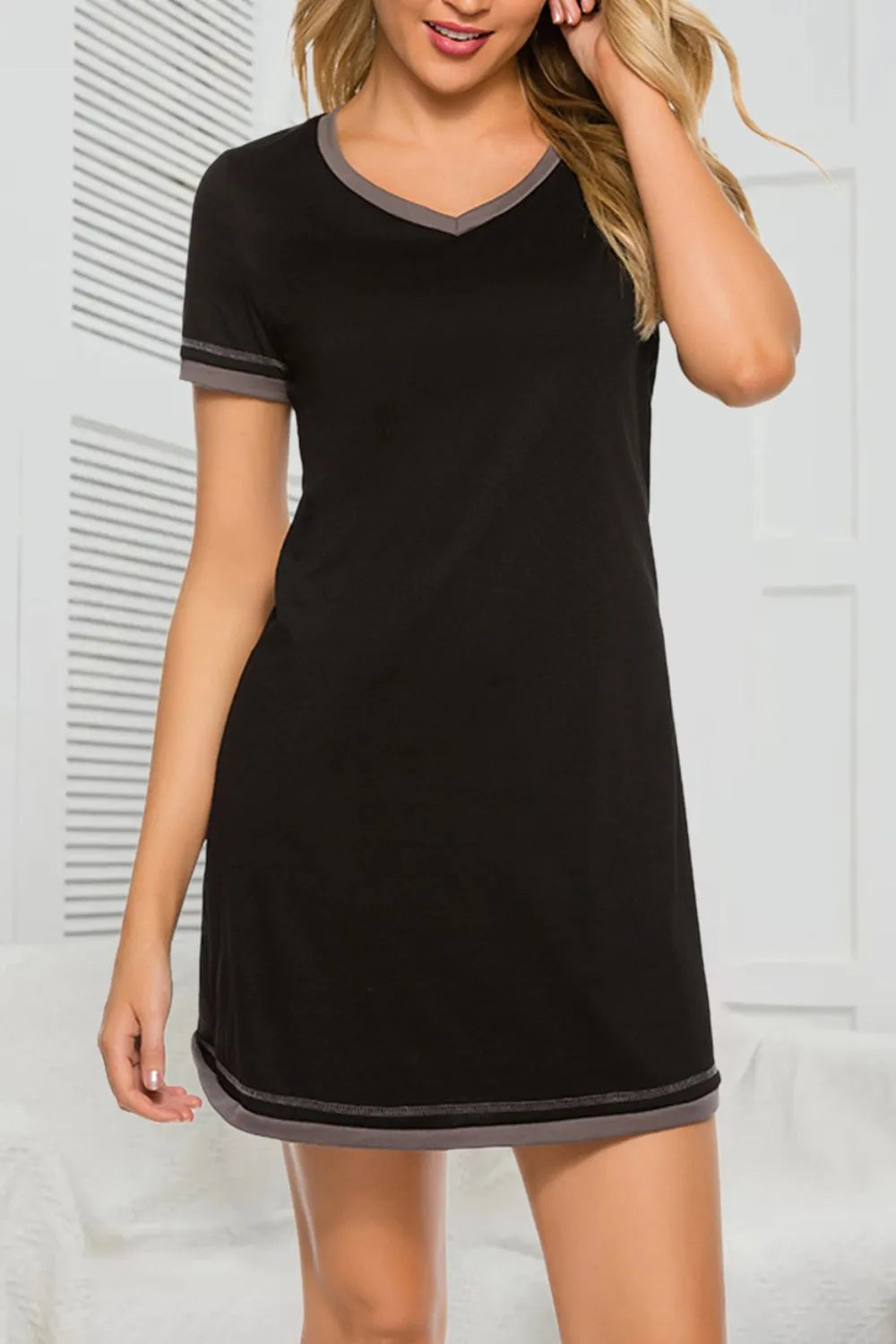 Contrast Trim Short Sleeve Lounge Dress in Dark Blue for Women