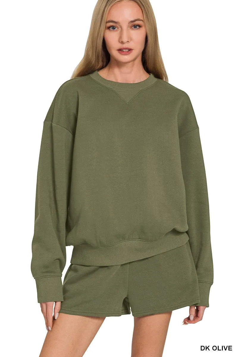 Fleece Long Sleeve Sweatshirts & Shorts Set in Dark Olive for Women