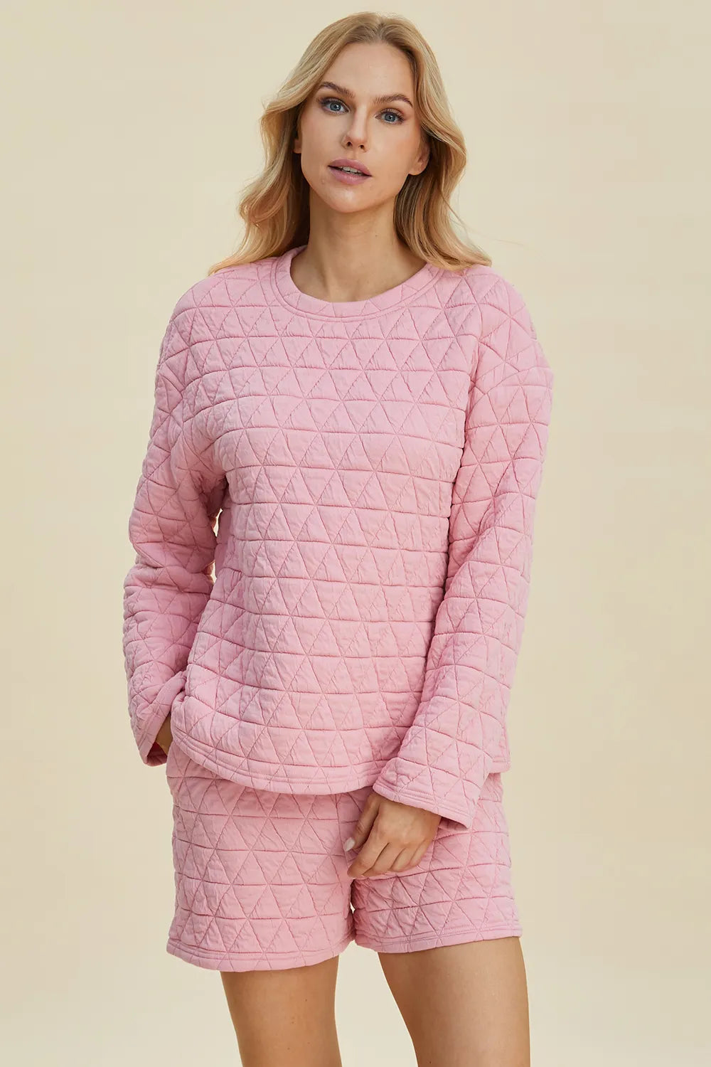 Plus Size Texture Round Neck Long Sleeve Top and Shorts Set in Pink for Women