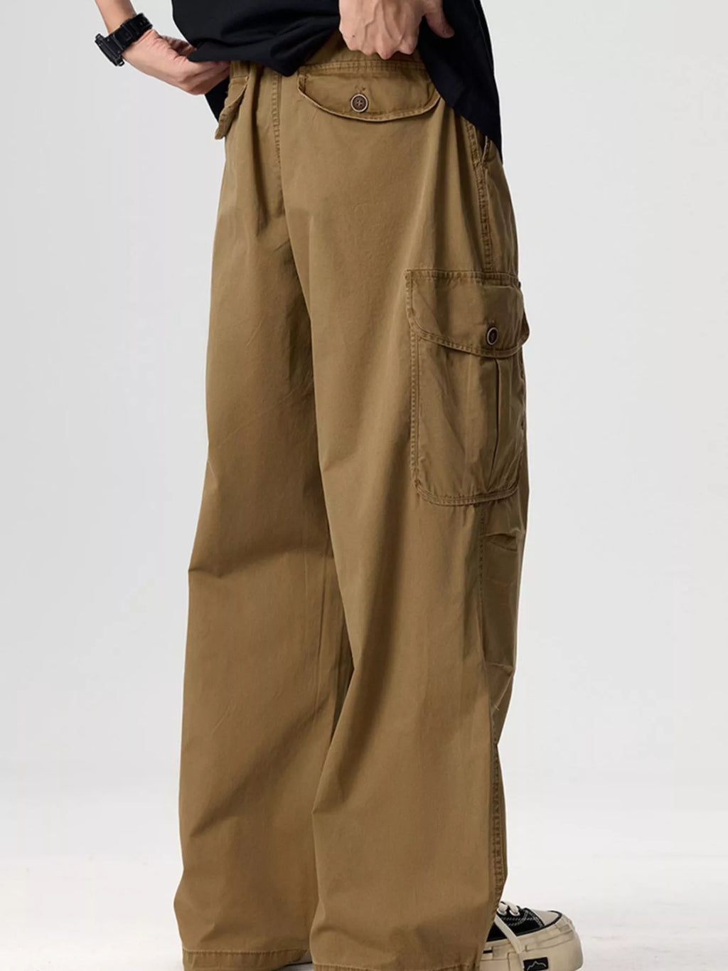 Plus Size Drawstring Wide Leg Cargo Pants in Black for Men