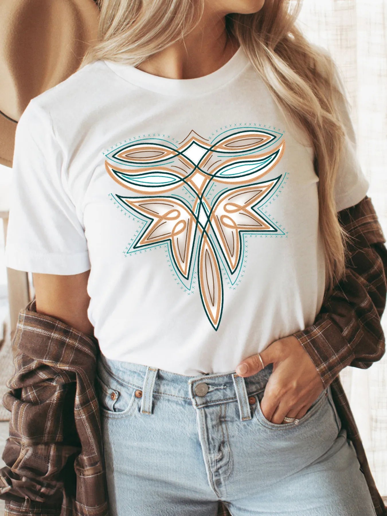 Graphic Round Neck Short Sleeve T-Shirt in White for Women