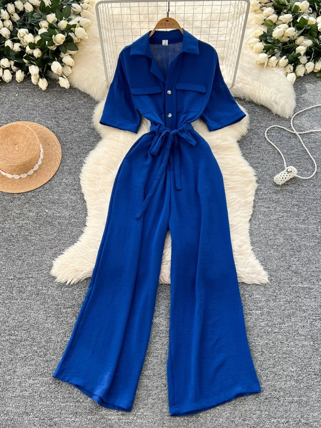 Pink Tie Waist Wide Leg Jumpsuit in Blue for Women