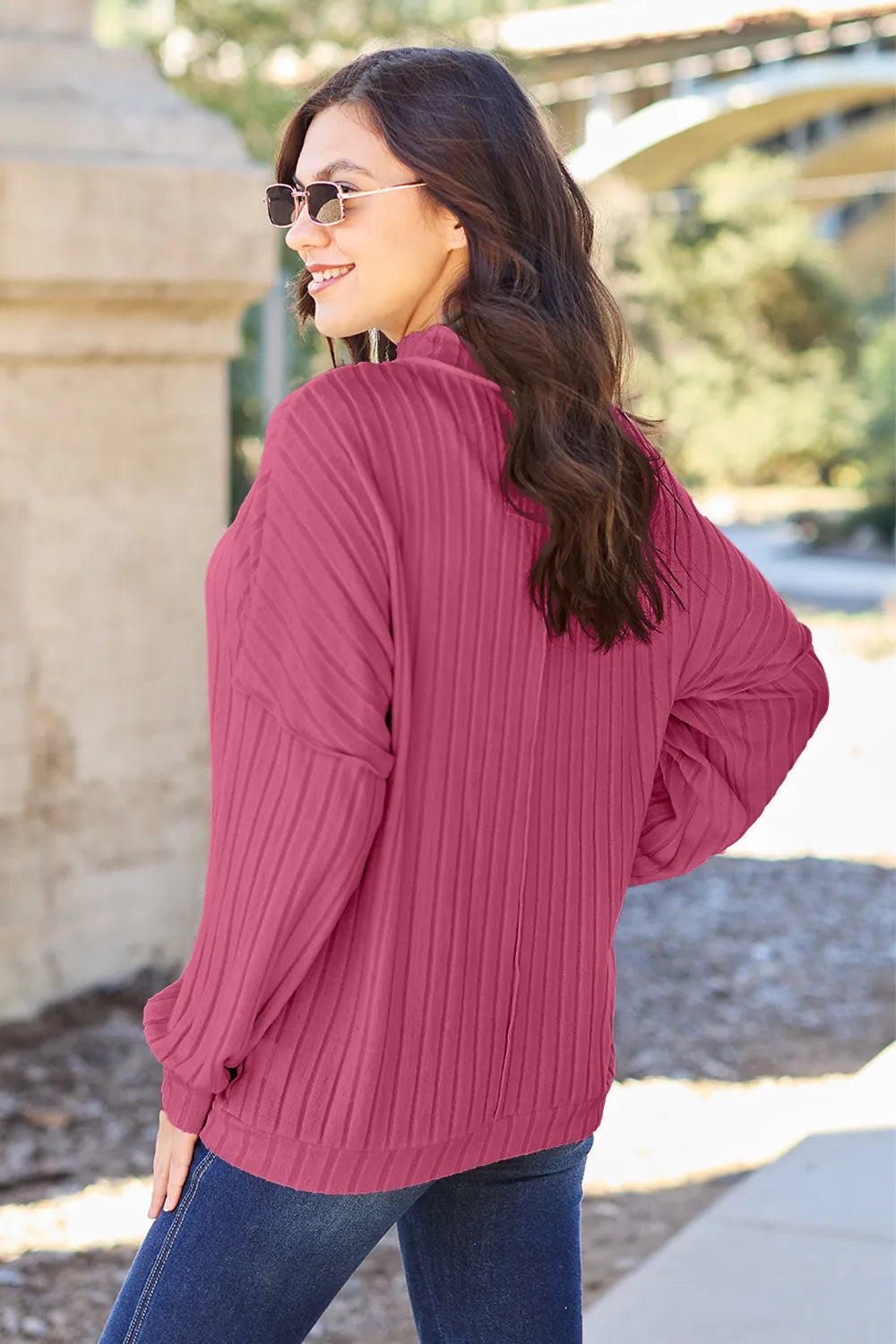 Plus Size Ribbed Exposed Seam Mock Neck Knit Top in Rust for Women