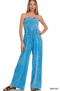 Acid Washed Strapless Tube Top Jumpsuit in Deep Sky for Women