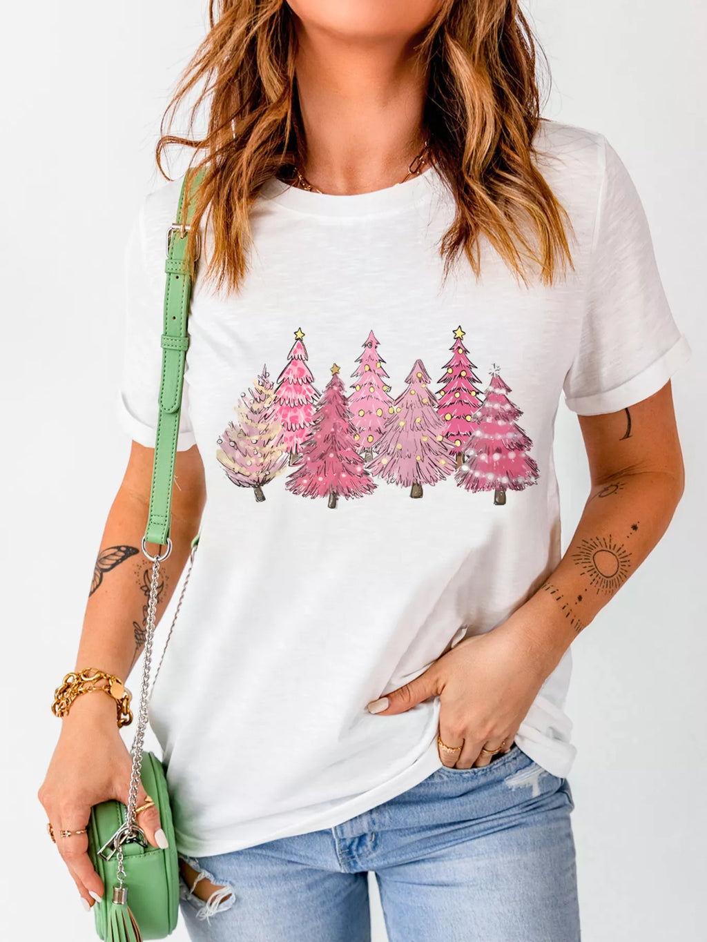 Lighting Christmas Trees Graphic Tee Plus Size in White for Women