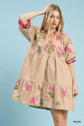 Embroidered Floral Tiered Dress in Taupe for Women