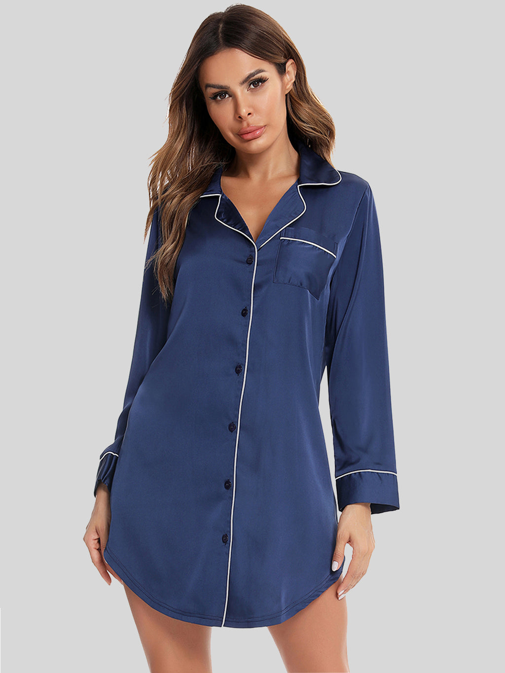 Button Up Lapel Collar Night Dress with Pocket in Black for Women