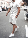 Plus Size Round Neck Short Sleeve Top and Shorts Set in White for Men