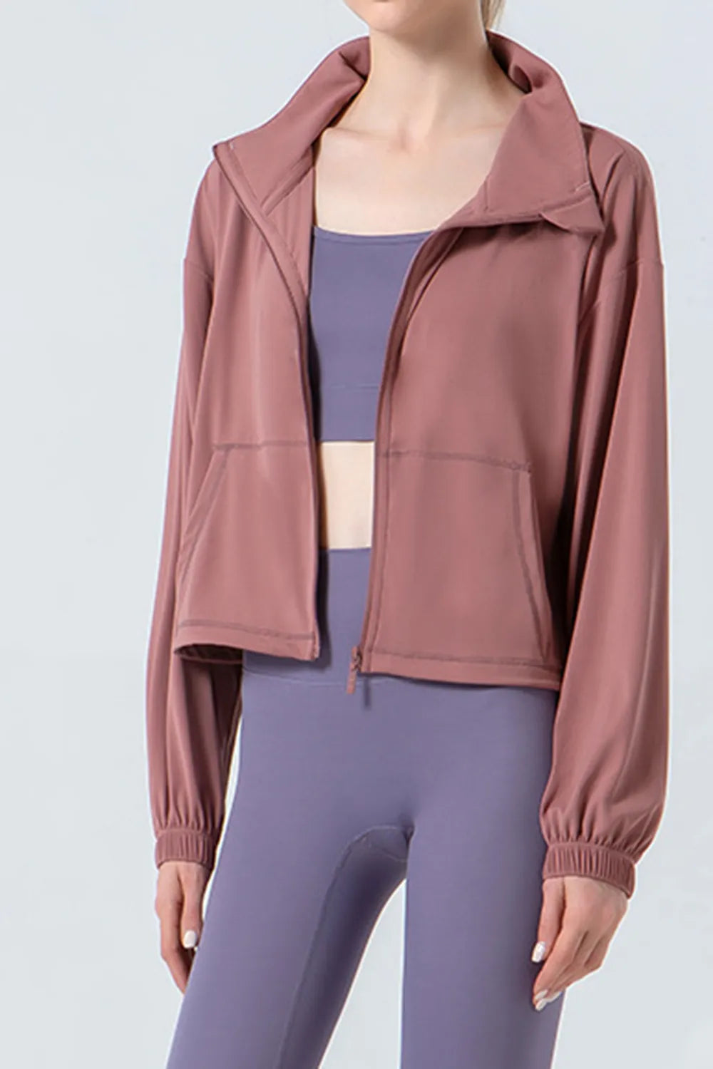 Drawstring Zip Up Dropped Shoulder Active Outerwear in Dusty Pink for Women