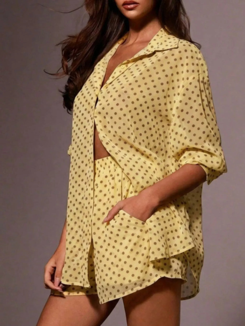 Polka Dot Button Up Shirt and Shorts Set for Women