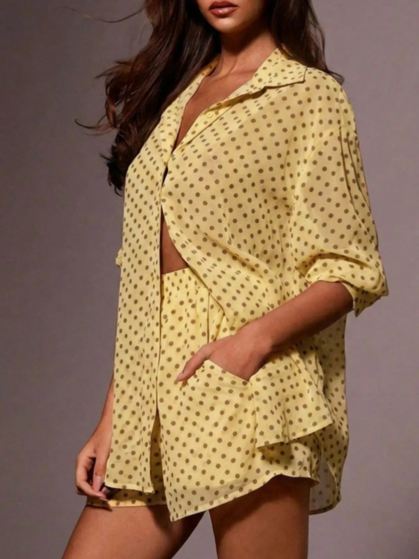Polka Dot Button Up Shirt and Shorts Set for Women