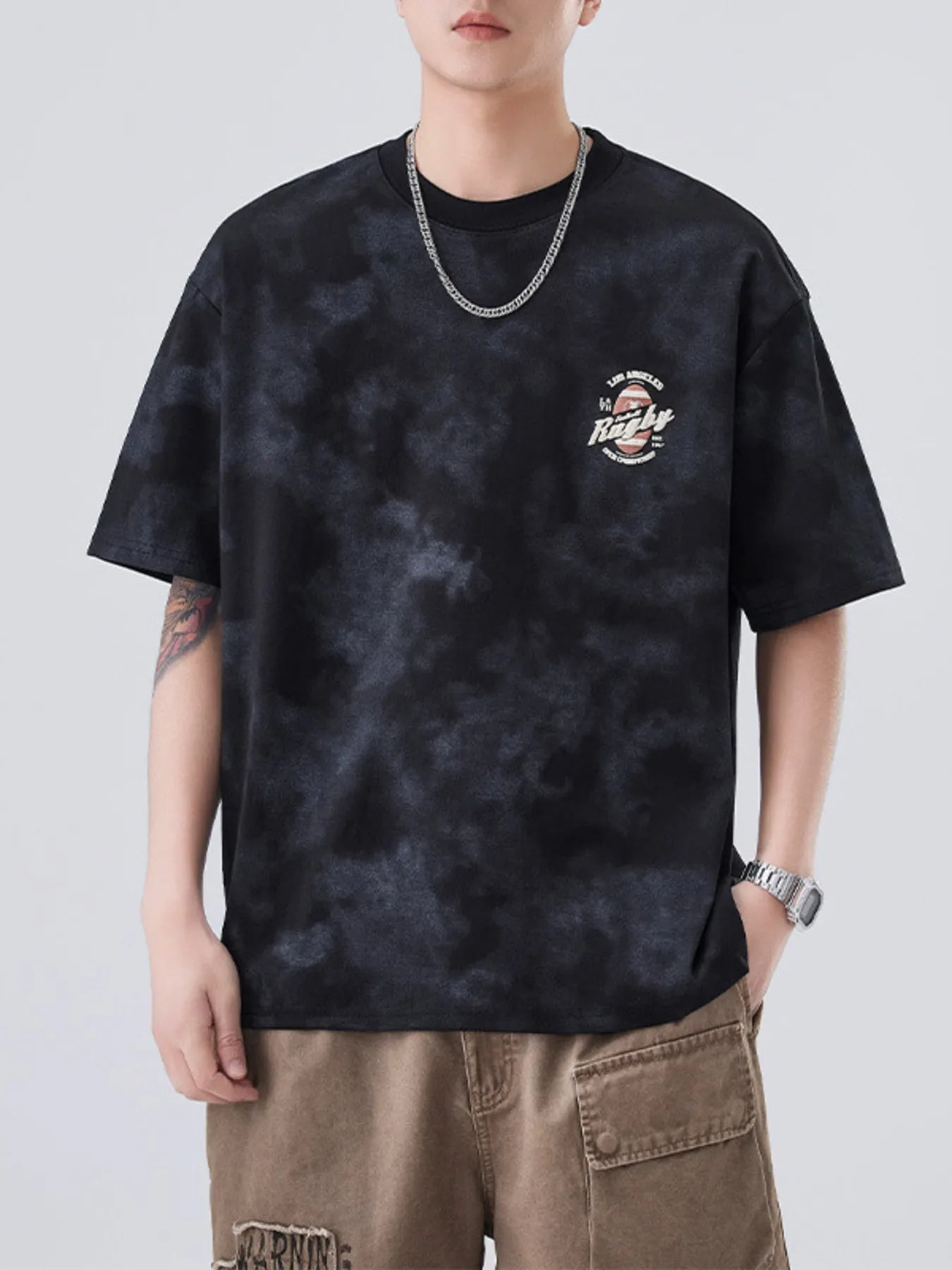 Plus Size Round Neck Short Sleeve T-Shirt in Beige for Men