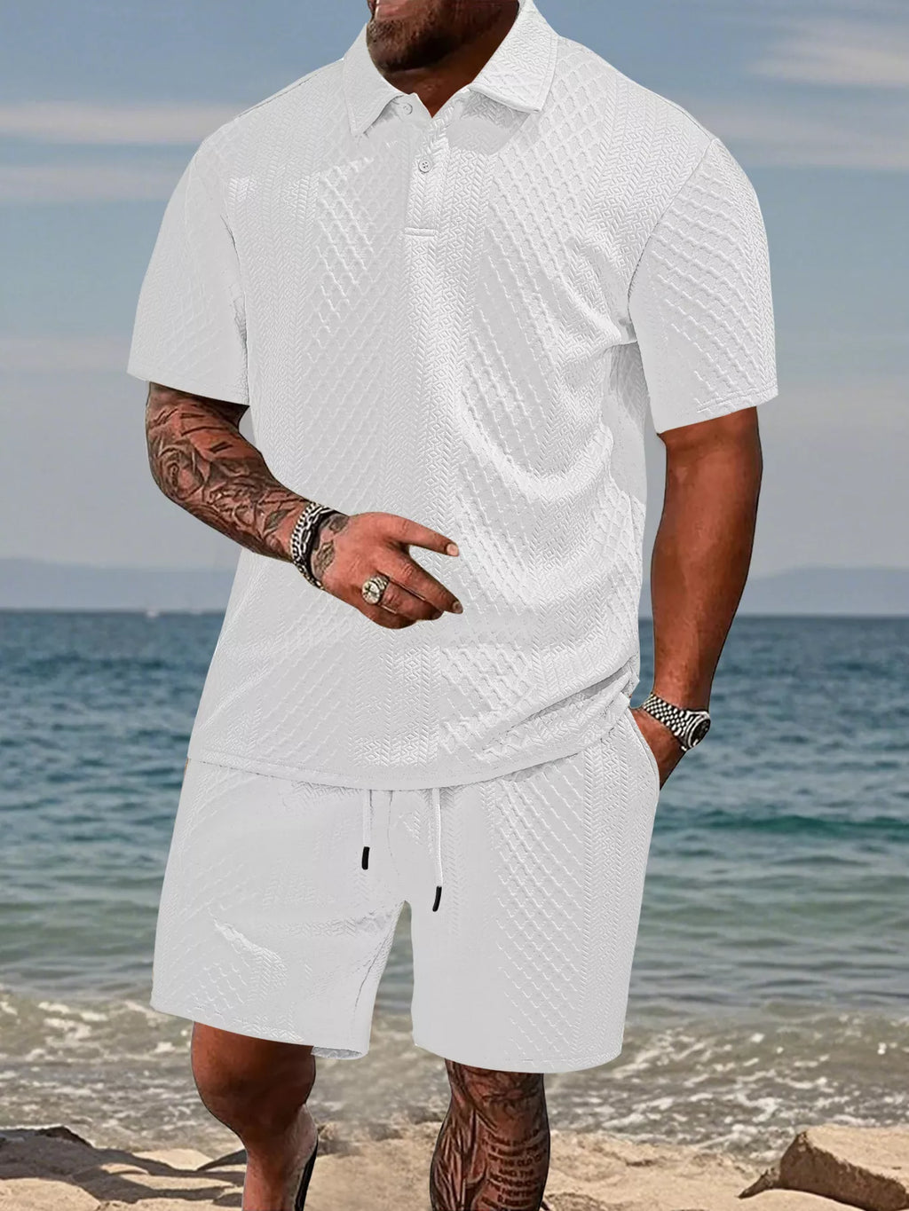 Textured Knit Polo Shirt & Shorts Set Plus Size in Navy Blue for Men