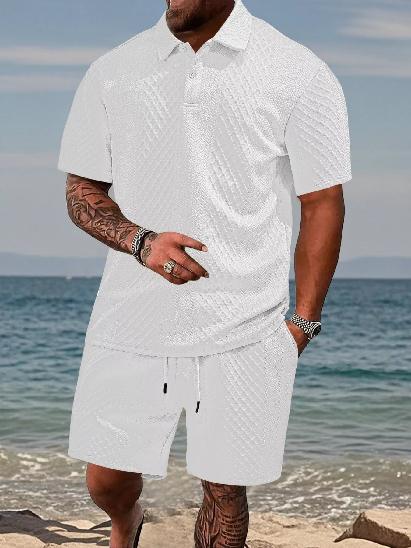 Textured Knit Polo Shirt & Shorts Set Plus Size in Navy Blue for Men