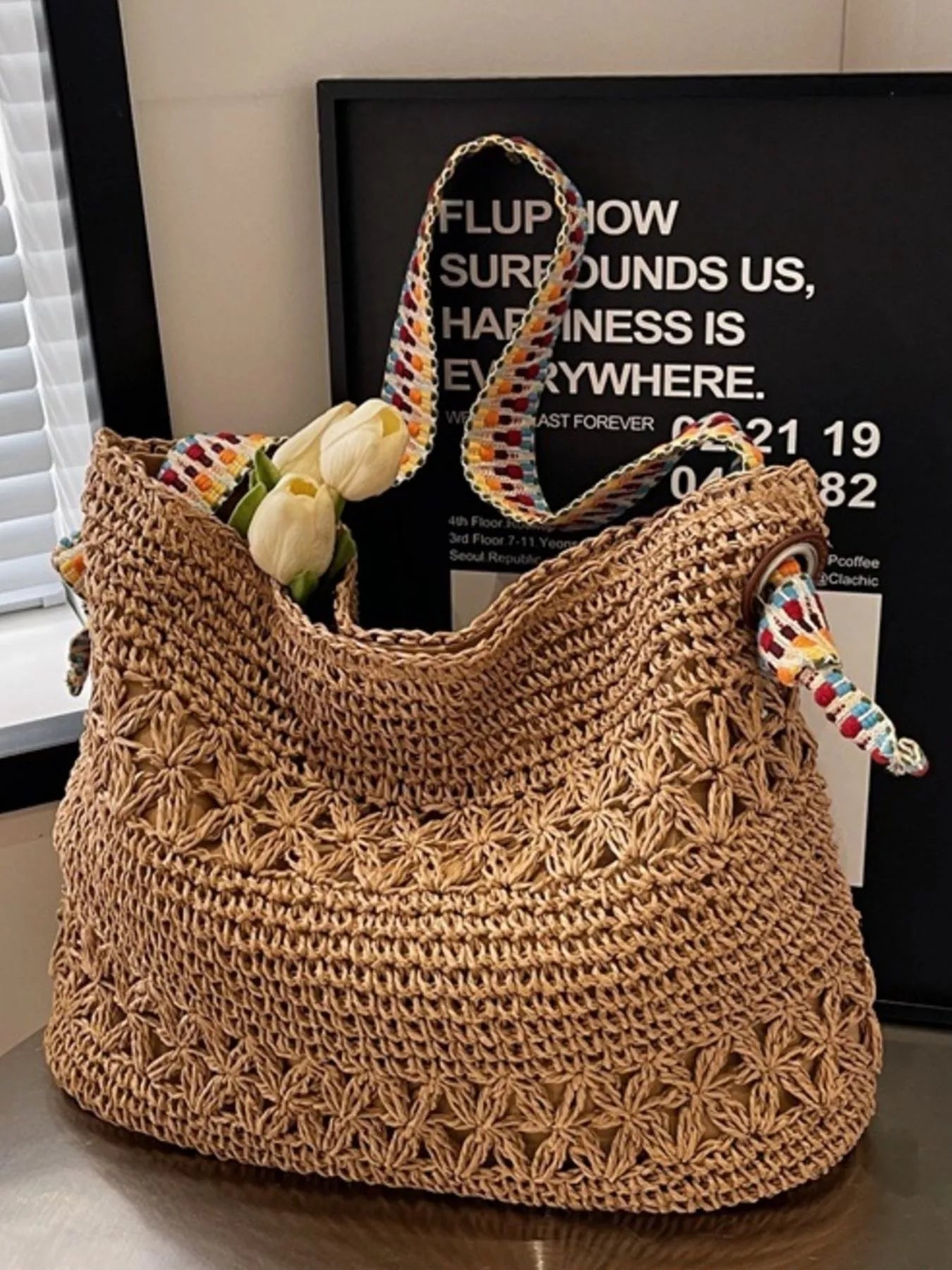 Woven Straw Shoulder Bag in Khaki for Women