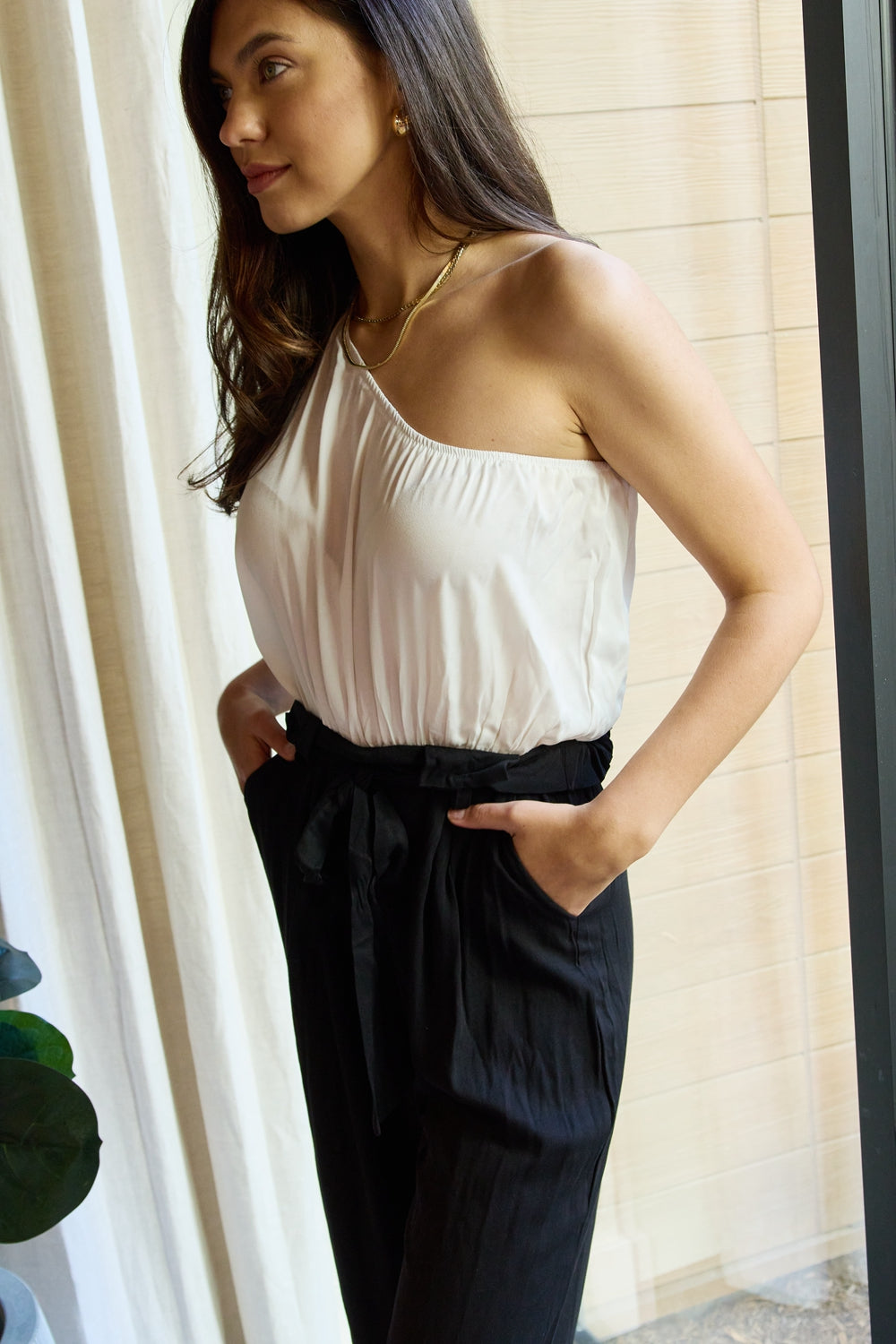 Marvelous in Manhattan One-Shoulder Jumpsuit in White/ Black for Women