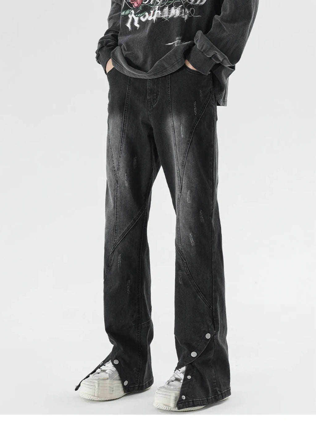 Plus Size Washed Flare Jeans with Snap-Down Hem in Black for Men