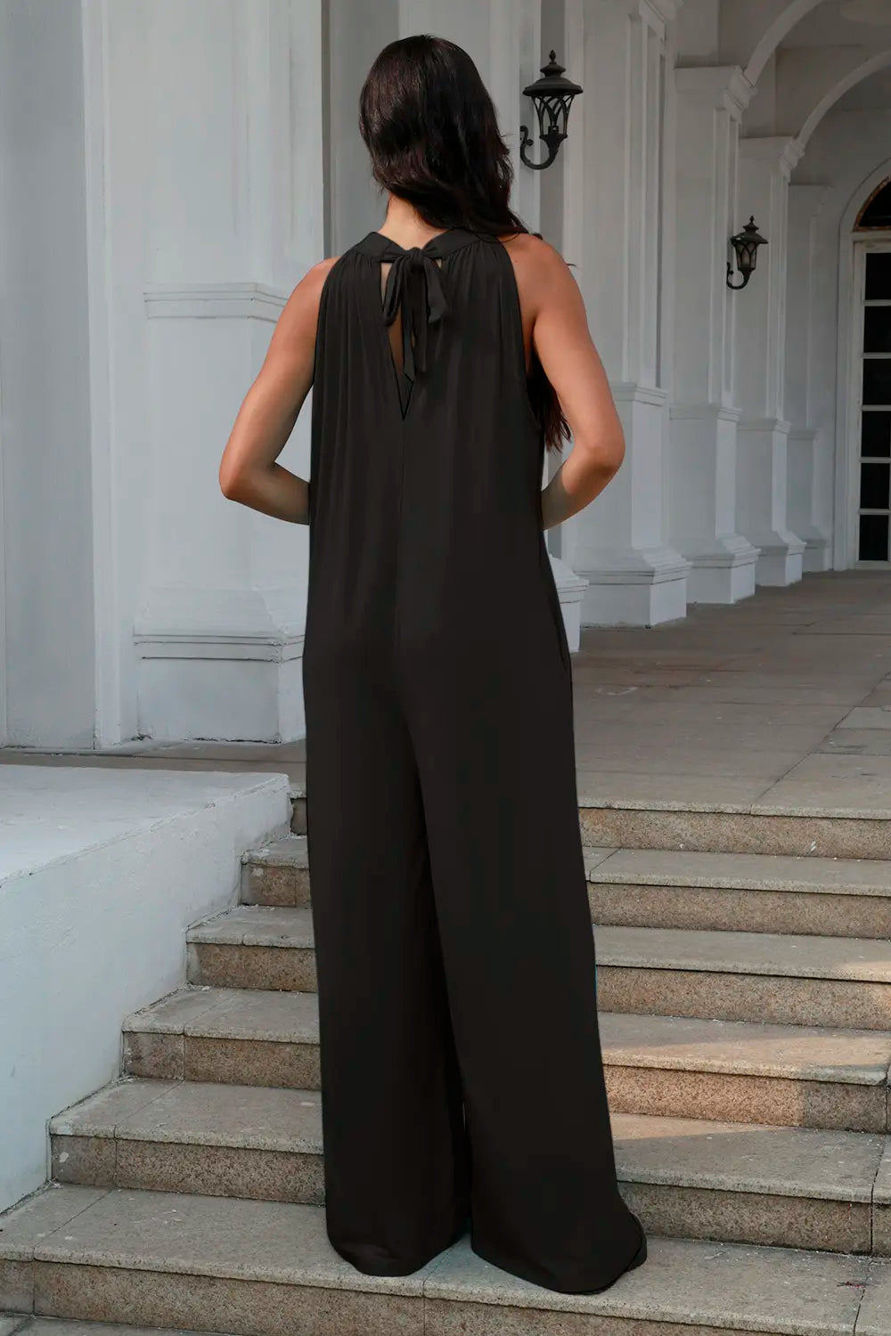 Plus Size Tie Back Cutout Sleeveless Jumpsuit in Black for Women
