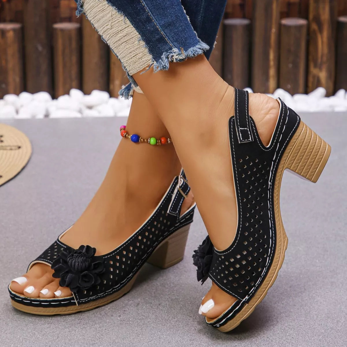 Floral Accent Block Heel Sandals in Brown for Women