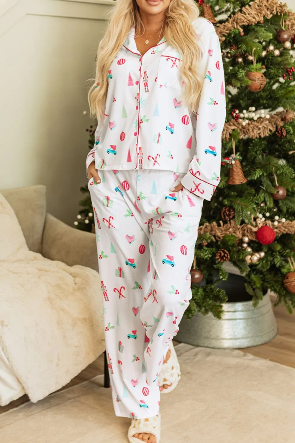 Christmas Printed Collared Neck Top and Pants Lounge Set in White for Women