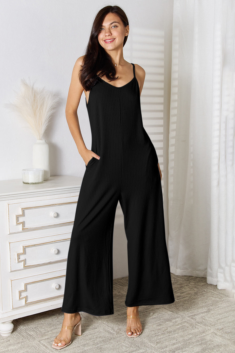 Plus Size Spaghetti Strap V-Neck Jumpsuit in Black for Women