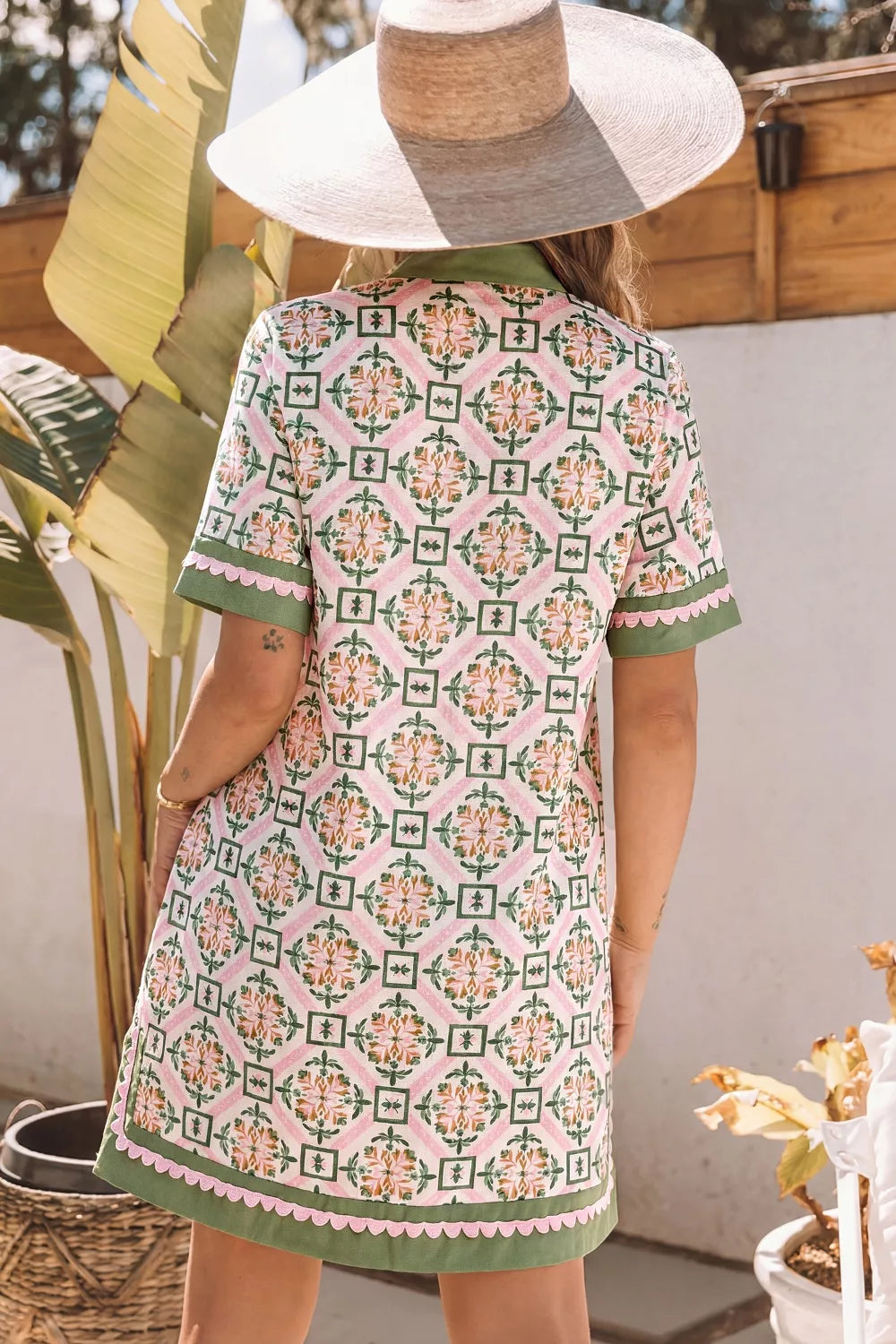 Multicolour Boho Geometric Flower Print Short Sleeve Loose Mini Dress in Floral for Women