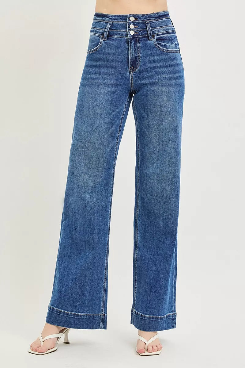 High Rise Wide Leg Wide Band Detail Jeans in Dark for Women