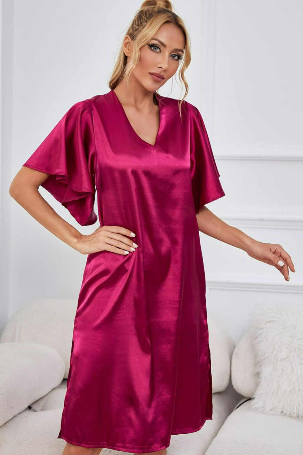 Satin Flutter Sleeve Side Slit V-Neck Night Dress in Vivid Cerise for Women