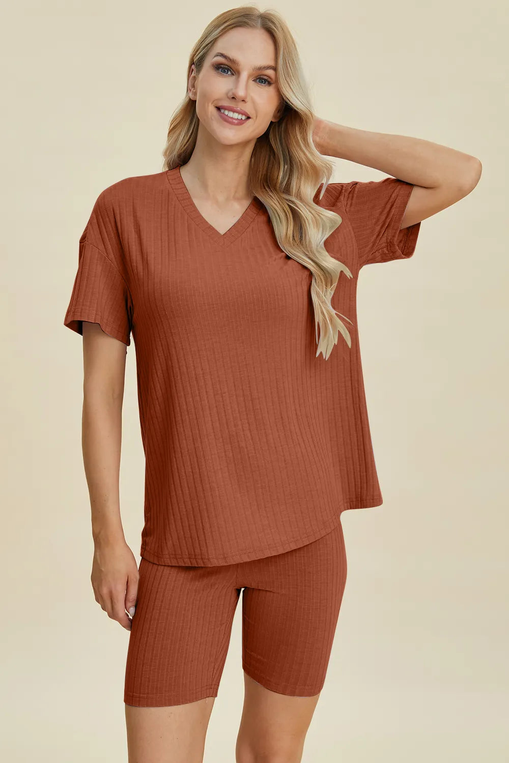 Plus Size Ribbed V-Neck Short Sleeve Top and Shorts Set in Lavender for Women