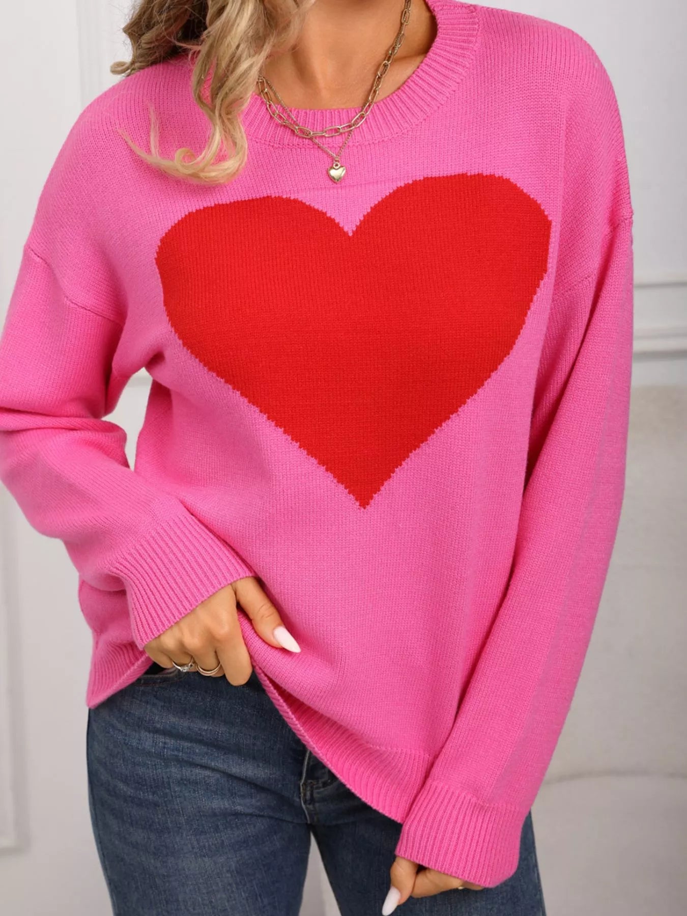 Valentines Day Heart Round Neck Dropped Shoulder Sweater in White for Women