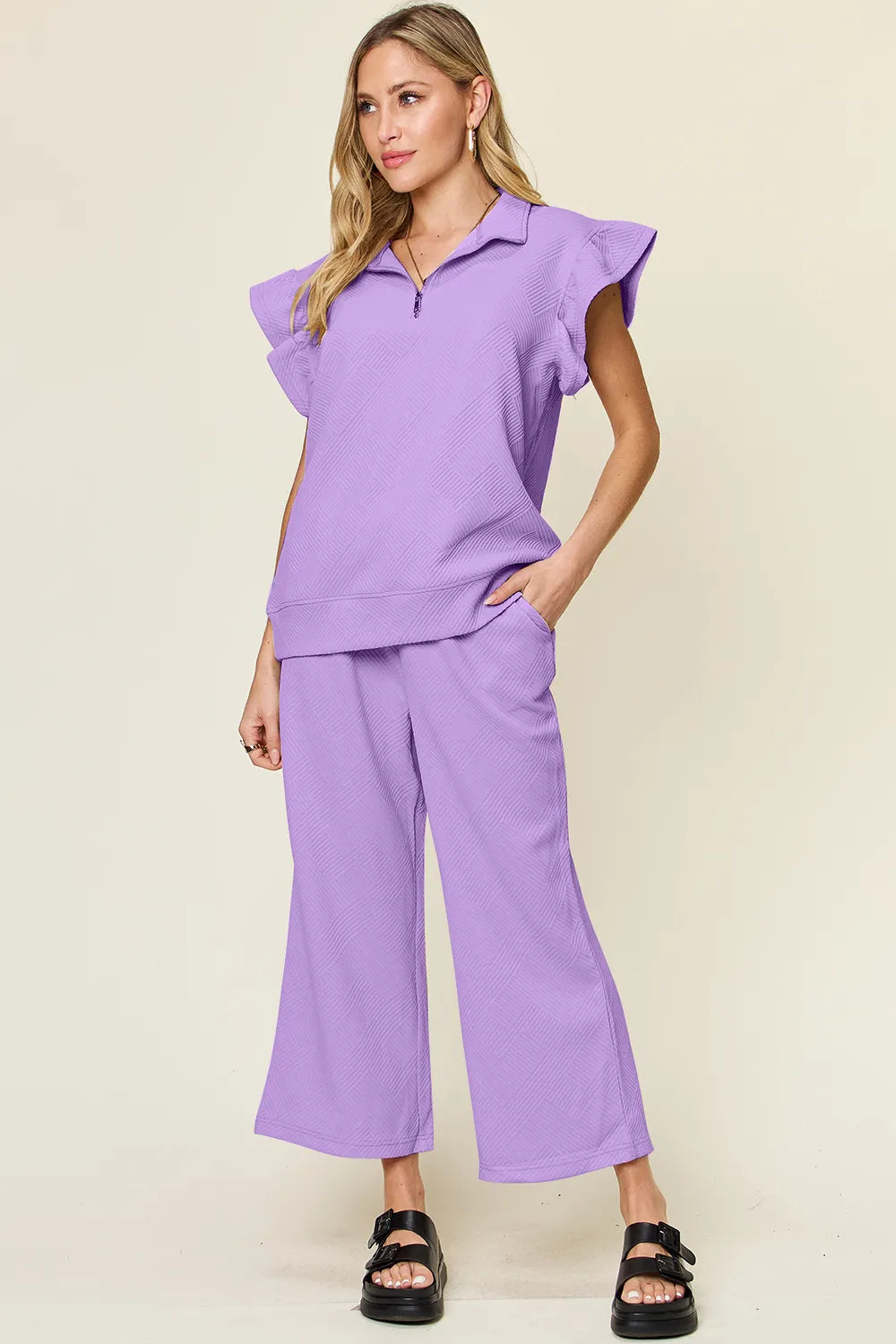 Texture Ruffle Short Sleeve Top and Drawstring Wide Leg Pants Set in Pink for Women