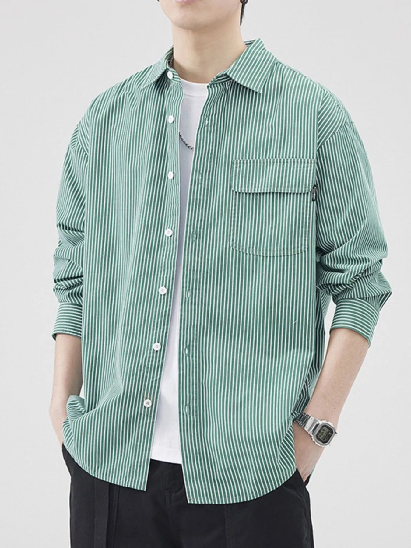 Plus Size Striped Button Up Long Sleeve Shirt in Blue in Green for Men