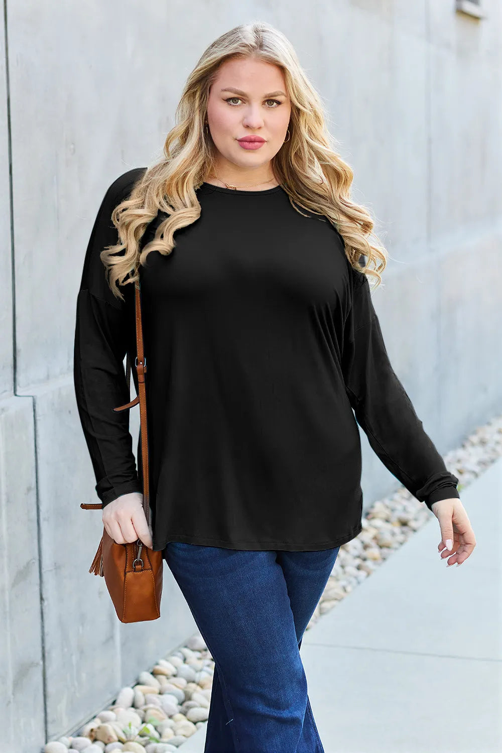 Plus Size Round Neck Dropped Shoulder T-Shirt in Dark Gray for Women