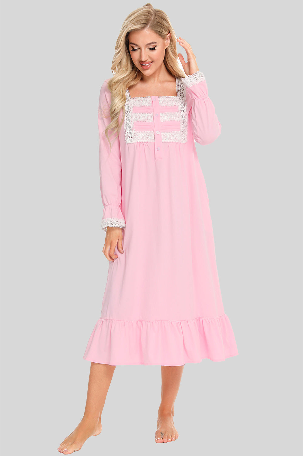Lace Detail Square Neck Flounce Sleeve Night Dress in Pastel Blue for Women