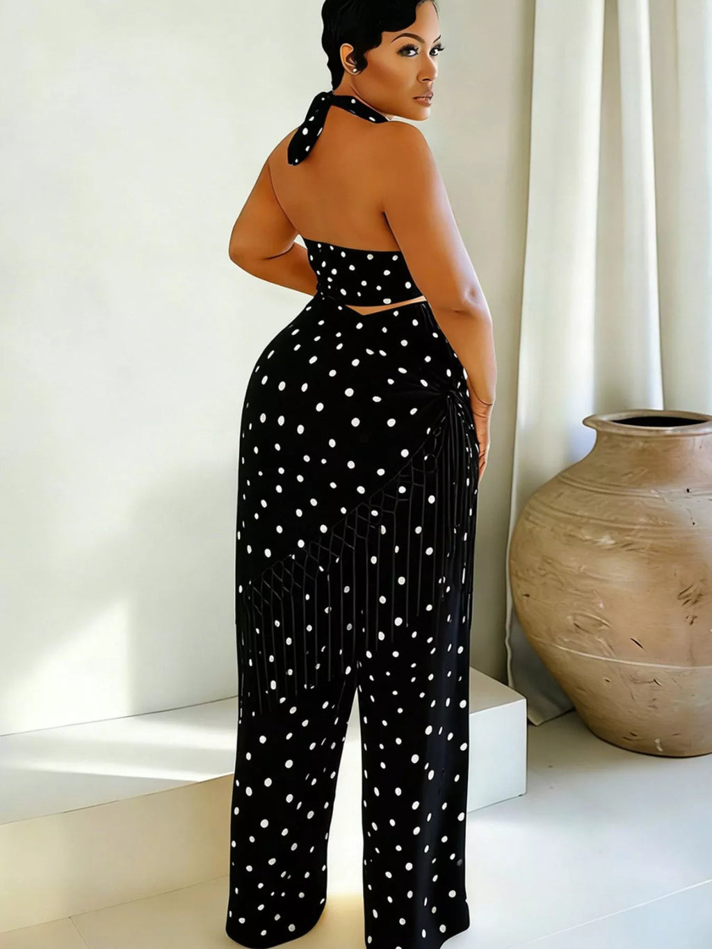 Polka Dot Halter Neck Cami and Fringe Trim Pants Set in Black for Women