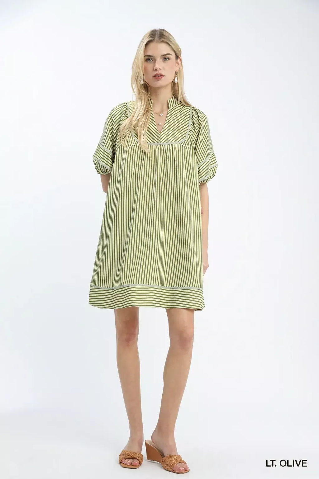 Striped Puff Sleeve Shift Dress in Light Olive for Women