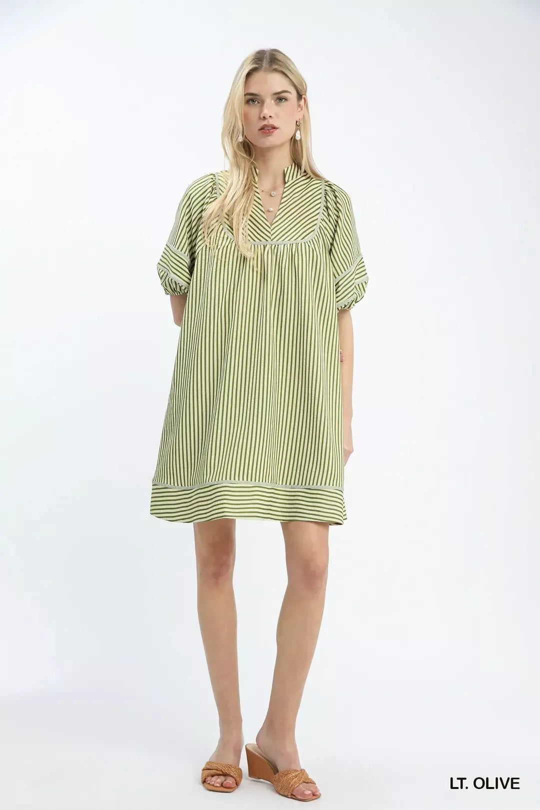 Striped Puff Sleeve Shift Dress in Light Olive for Women