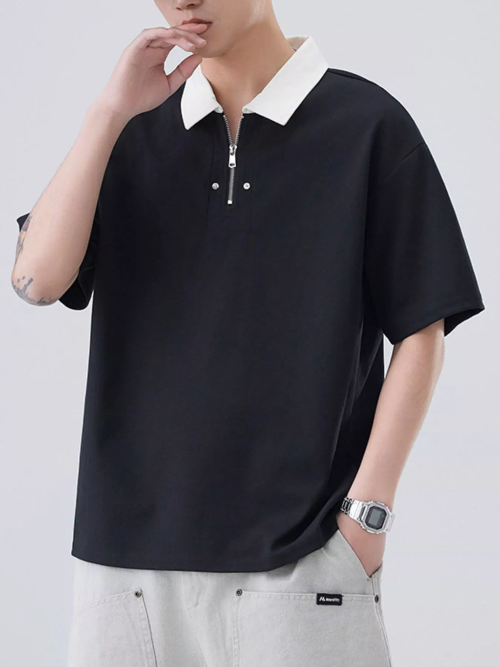 Plus Size Quarter Zip Short Sleeve Polo in Apricot for Men
