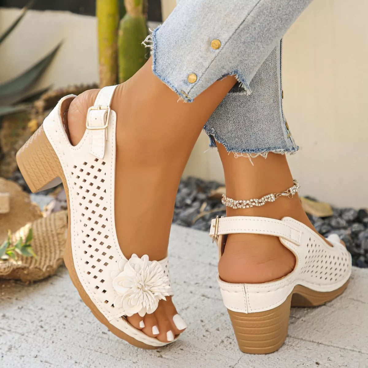 Floral Accent Block Heel Sandals in Brown for Women