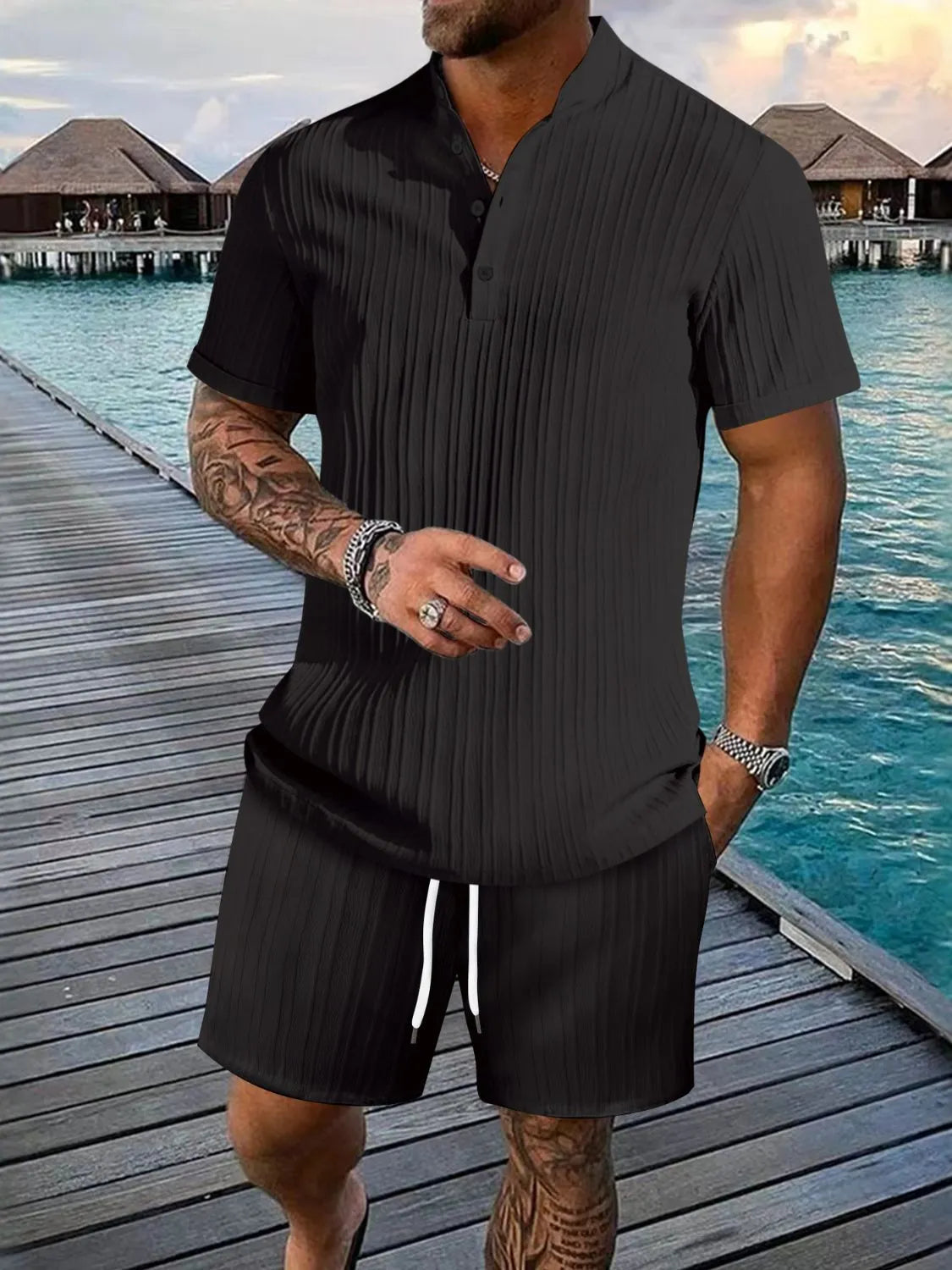 Button Detail Short Sleeve Top and Shorts Set Plus Size in White for Men