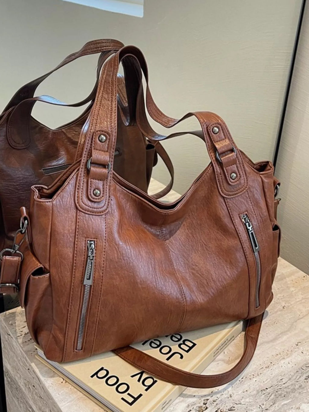 Vintage Style Zipper Front Handbag in Brown for Women