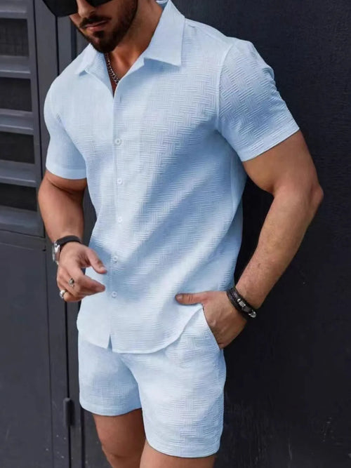Button Up Short Sleeve Shirt and Shorts Set in Light Blue for Men