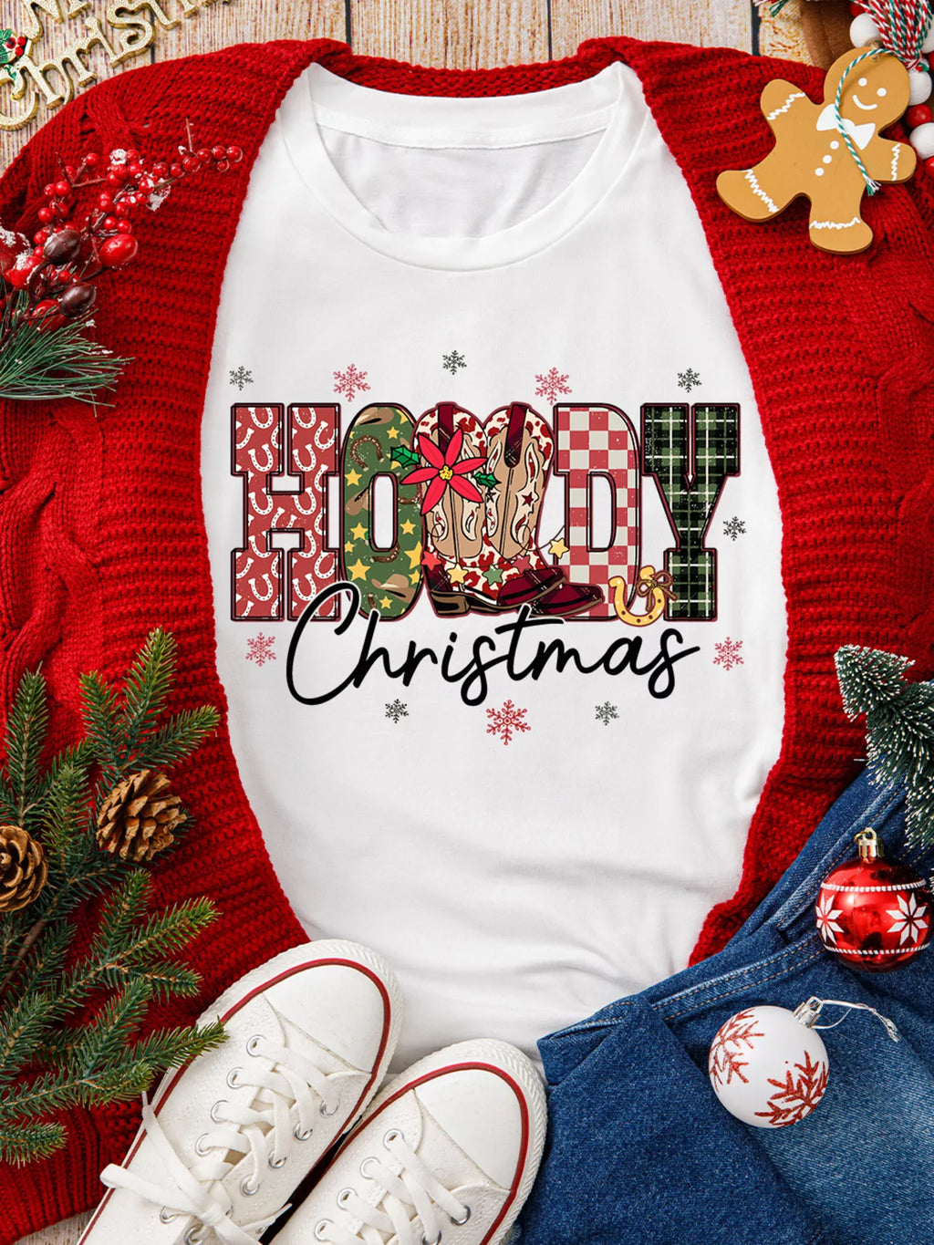 Howdy Christmas Festive Letter Printed Crew Neck T-Shirt in White for Women