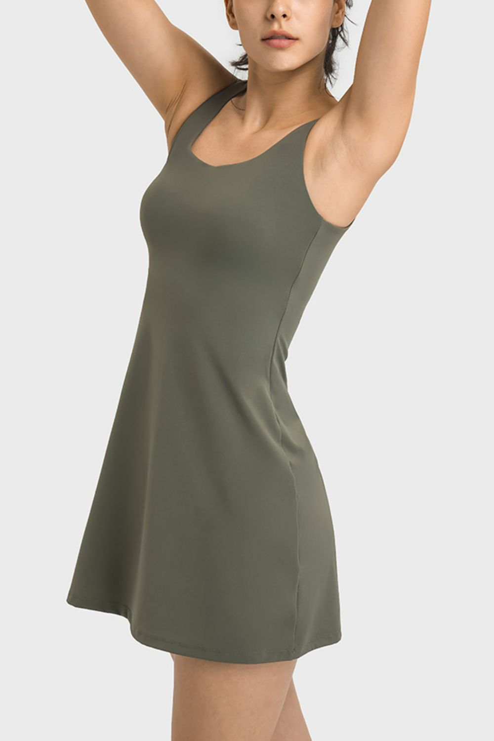 Square Neck Sports Tank Dress with Full Coverage Bottoms in Army Green for Women