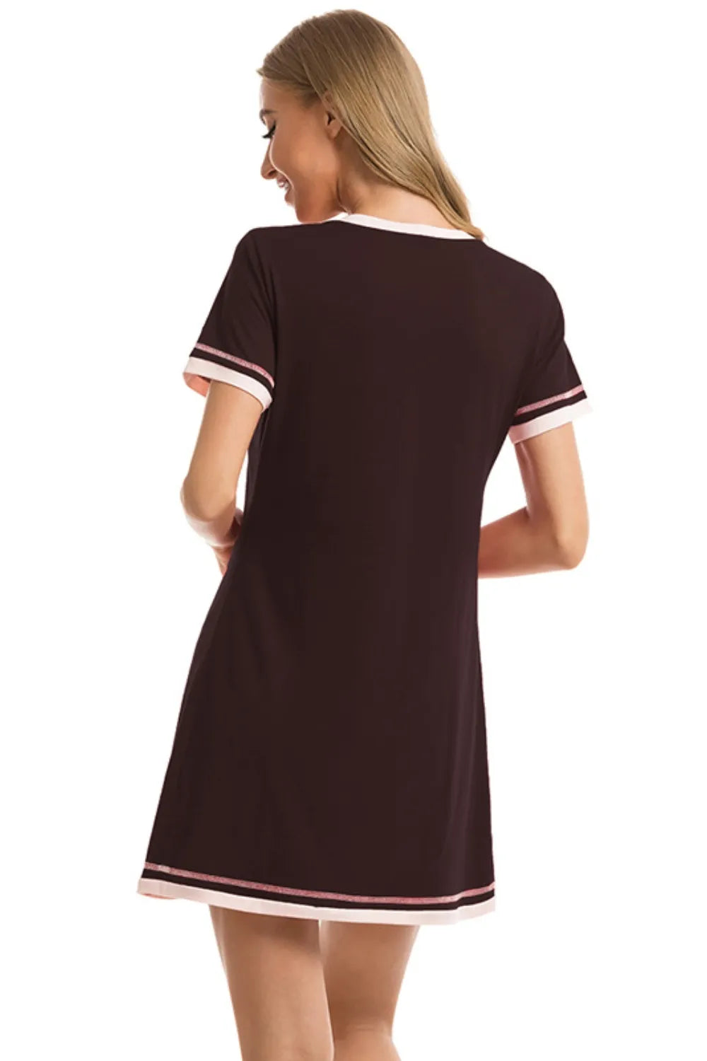 Contrast Trim Short Sleeve Lounge Dress in Gray for Women
